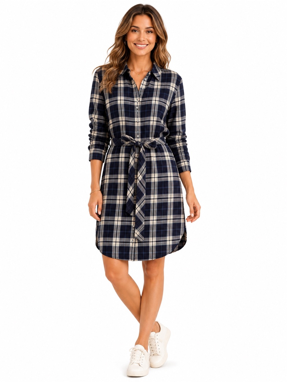 Faherty Lakeridge Plaid Belted Shirt Dress Navy Cream Lyocell Size XS